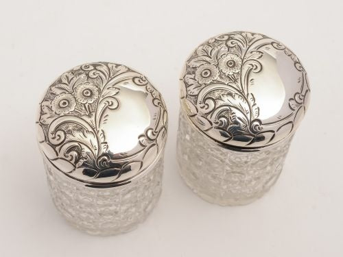 Pair of Edwardian Silver Topped Trinket Jars Birmingham 1906