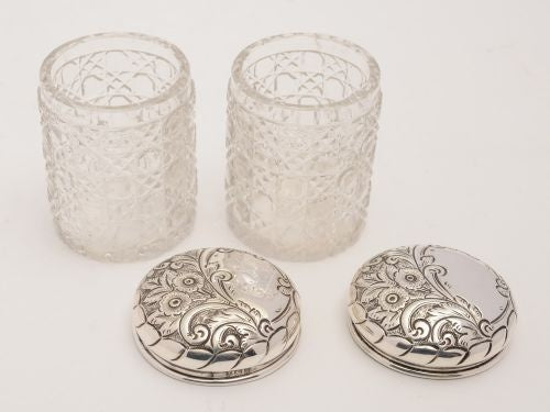 Pair of Edwardian Silver Topped Trinket Jars Birmingham 1906