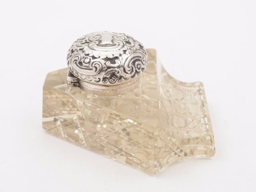 Silver Topped and Cut Glass Ink Pot and Pen Tray