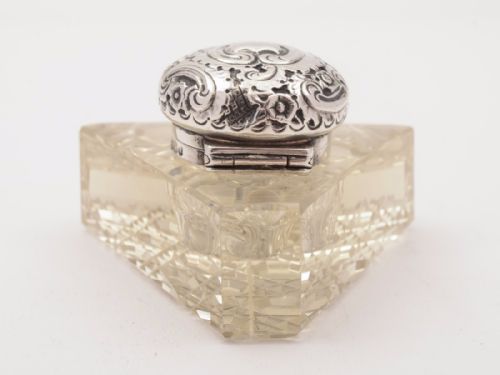 Silver Topped and Cut Glass Ink Pot and Pen Tray