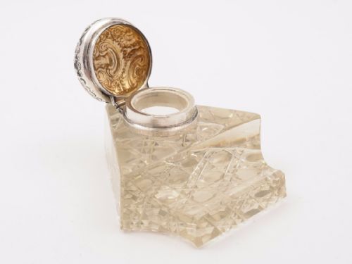 Silver Topped and Cut Glass Ink Pot and Pen Tray