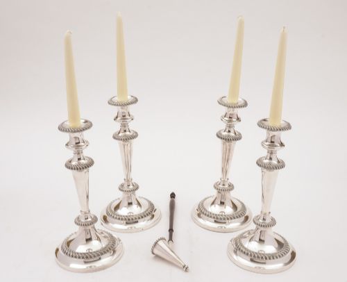 Set of 4 Victorian Silver Plated Candlesticks and Snuffer Circa 1880
