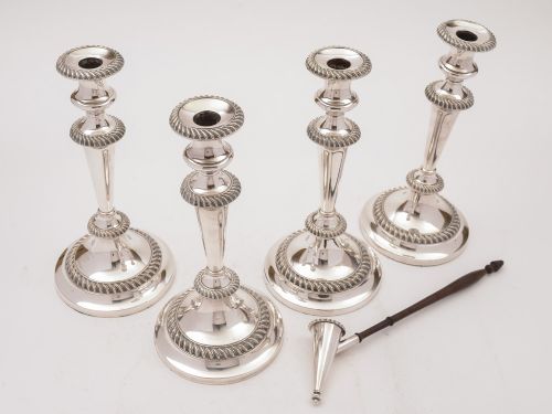 Set of 4 Victorian Silver Plated Candlesticks and Snuffer Circa 1880