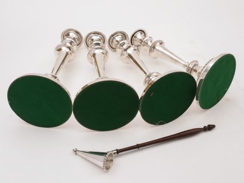 Set of 4 Victorian Silver Plated Candlesticks and Snuffer Circa 1880