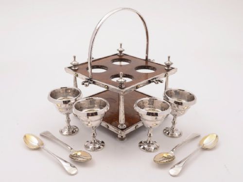 Victorian Oak and Silver Plated Egg Cruet Circa 1890