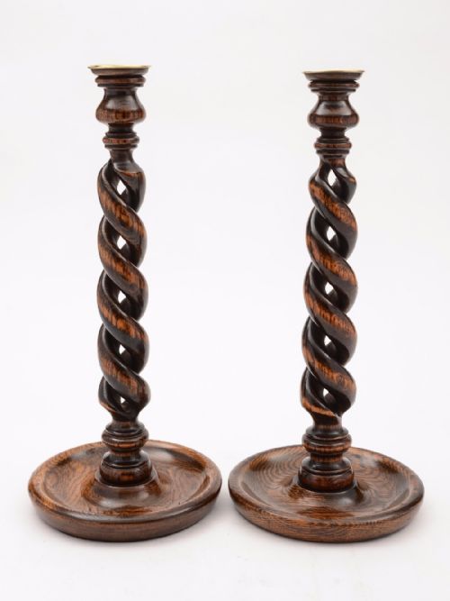 Large Pair of Oak Open Barley Twist Candlesticks Circa 1920