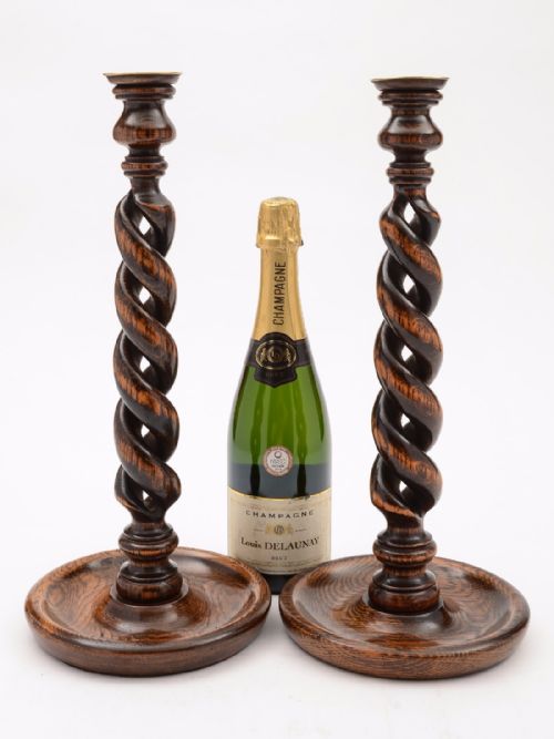 Large Pair of Oak Open Barley Twist Candlesticks Circa 1920