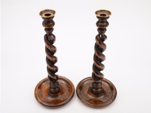 Large Pair of Oak Open Barley Twist Candlesticks Circa 1920
