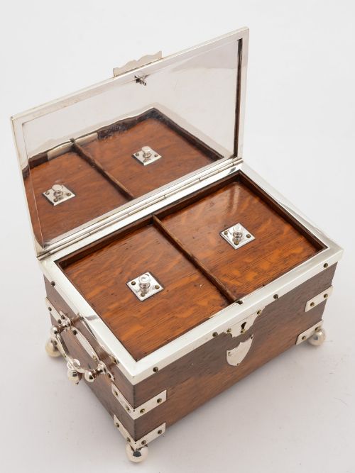 Victorian Oak and Silver Plated Tea Caddy