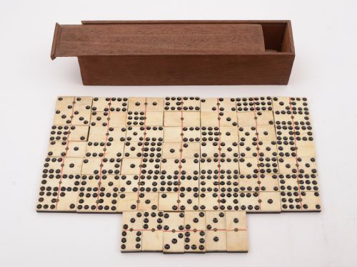 Mahogany Boxed Set of Nines Dominoes Circa 1900 