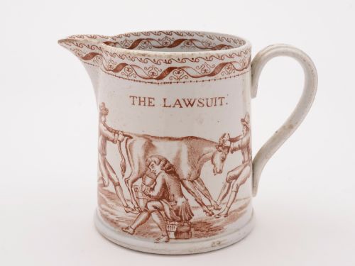 Victorian Comedic Transfer Printed 'Lawsuit' Pottery Jug Circa 1880