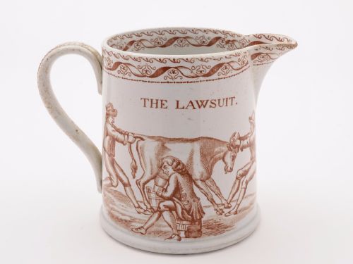 Victorian Comedic Transfer Printed 'Lawsuit' Pottery Jug Circa 1880