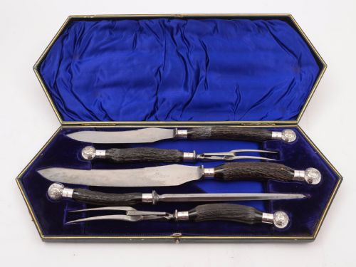Victorian Cased Antler Handled 5 Piece Carving Set 1899