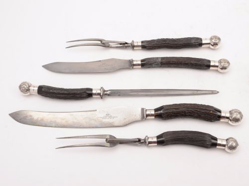Victorian Cased Antler Handled 5 Piece Carving Set 1899