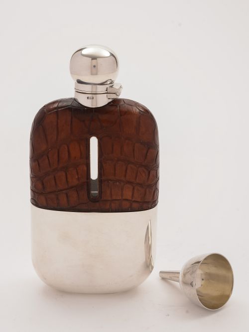 Edwardian Crocodile Leather Covered Hip Flask Circa 1905