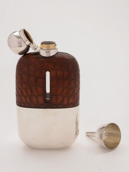 Edwardian Crocodile Leather Covered Hip Flask Circa 1905