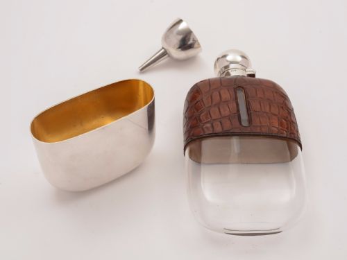 Edwardian Crocodile Leather Covered Hip Flask Circa 1905