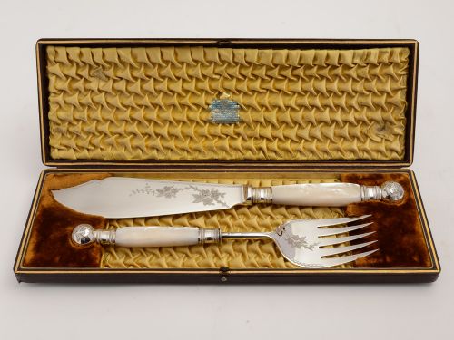 Cased Pair of Mother of Pearl Fish Servers Circa 1880