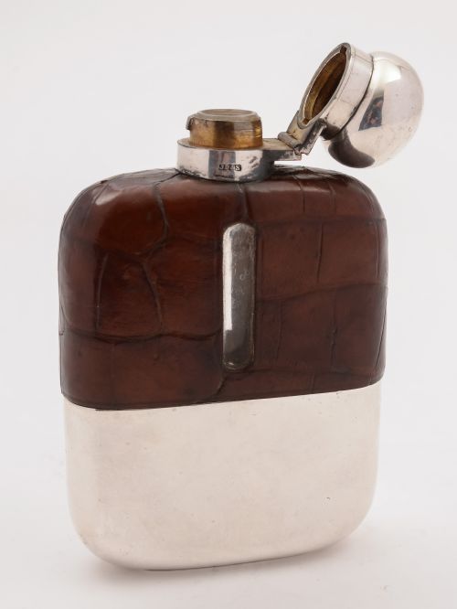 Edwardian Crocodile Leather Covered Hip Flask Circa 1905