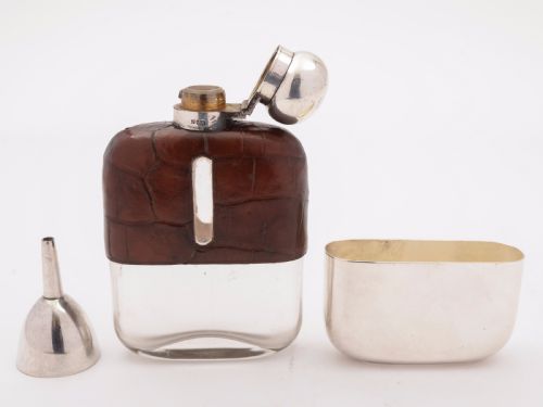 Edwardian Crocodile Leather Covered Hip Flask Circa 1905