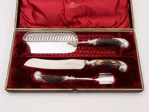 Cased Victorian Antler Handled Serving Set Circa 1890