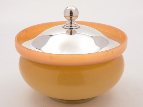 Peach Glass Powder Bowl with Silver Lid Birmingham 1919