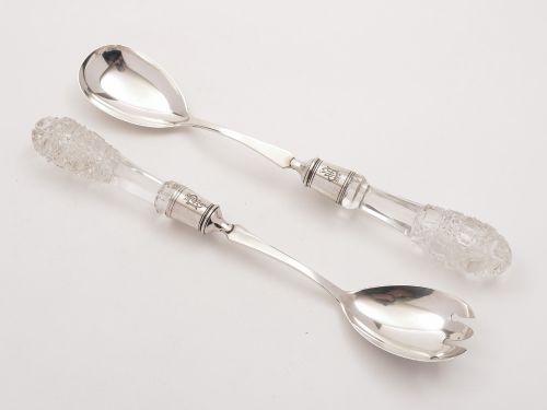 Edwardian Silver and Cut Glass Salad Servers Birmingham 1904