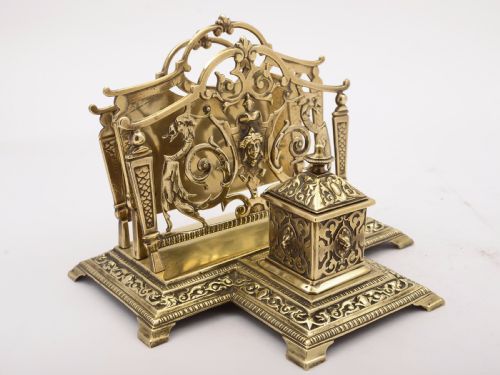 Victorian Brass Letter Rack/Ink Well Circa 1890