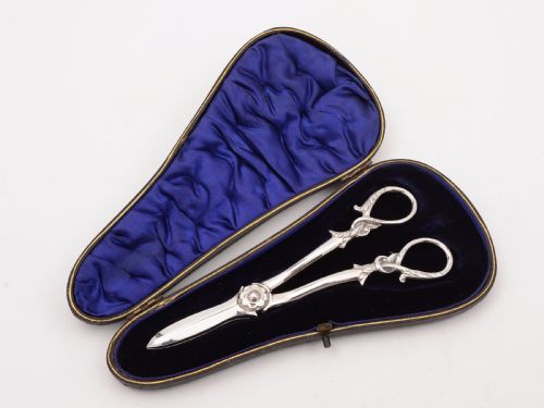Cased Pair of Edwardian Silver Plated Grape Scissors Circa 1905