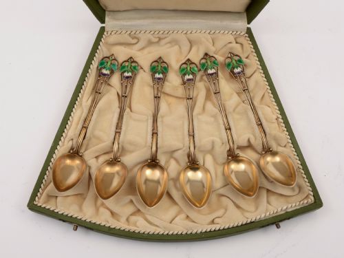 Set of Six .830 Silver Gilt and Enamel Spoons