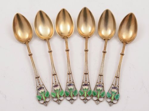 Set of Six .830 Silver Gilt and Enamel Spoons