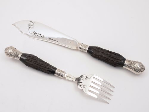 Edwardian Antler and Silver Handled Fish Servers
