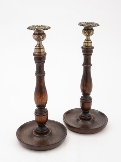 Pair of Turned Oak Candlesticks Circa 1920
