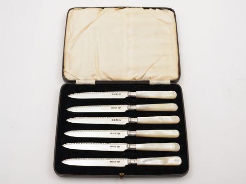 6 Mother of Pearl and Silver Bladed Fruit Knives