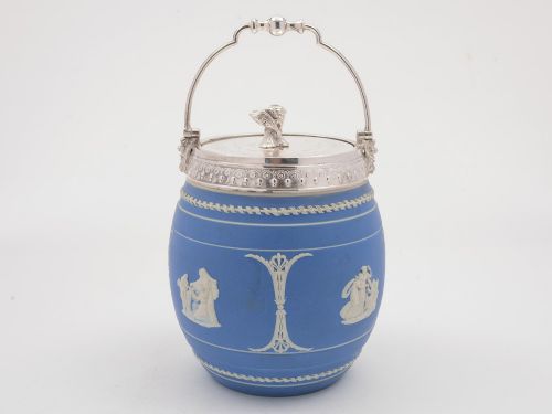 Victorian Blue Jasperware China Biscuit Barrel