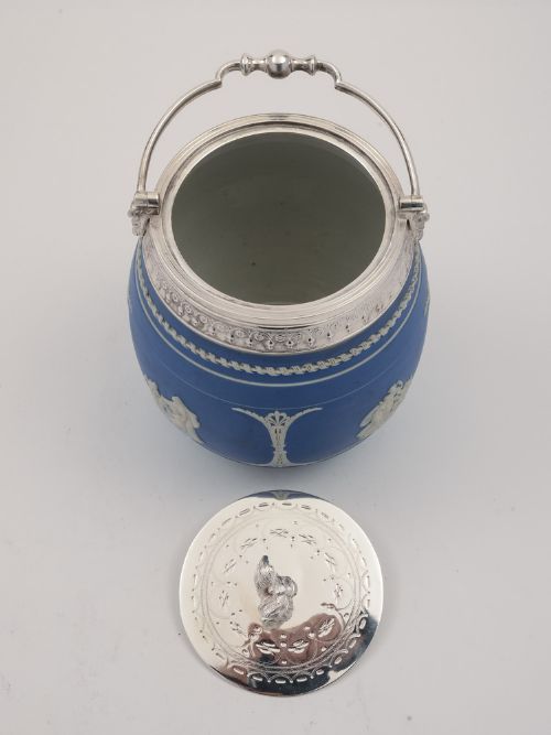 Victorian Blue Jasperware China Biscuit Barrel