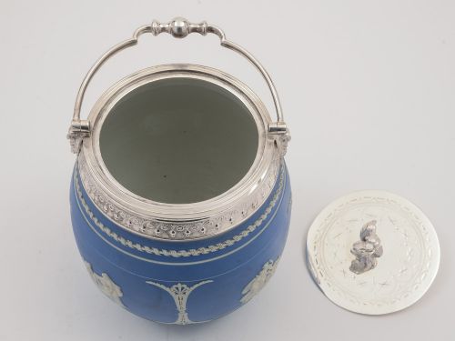 Victorian Blue Jasperware China Biscuit Barrel