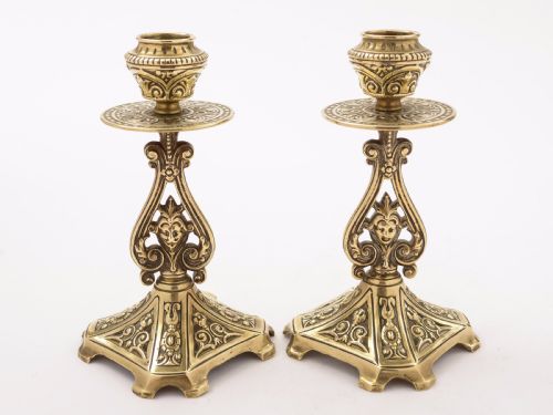 Pair of Victorian Brass Candlesticks in Tudor Style Circa 1890