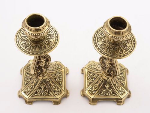 Pair of Victorian Brass Candlesticks in Tudor Style Circa 1890