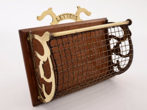 Edwardian Wall Brass and Oak Letter Rack Circa 1905