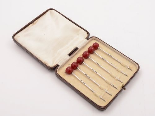 Set of 6 Cased Art Deco Silver Cocktail Sticks Birmingham 1928