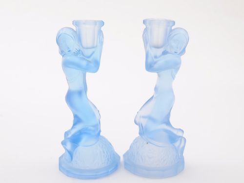 Pair of Art Deco Blue Glass Candlesticks Circa 1930