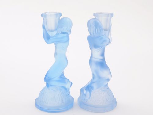 Pair of Art Deco Blue Glass Candlesticks Circa 1930