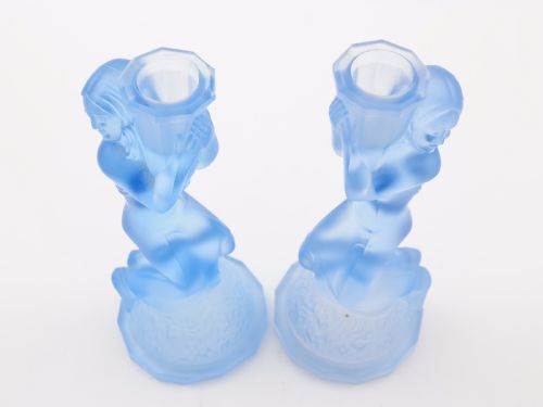 Pair of Art Deco Blue Glass Candlesticks Circa 1930