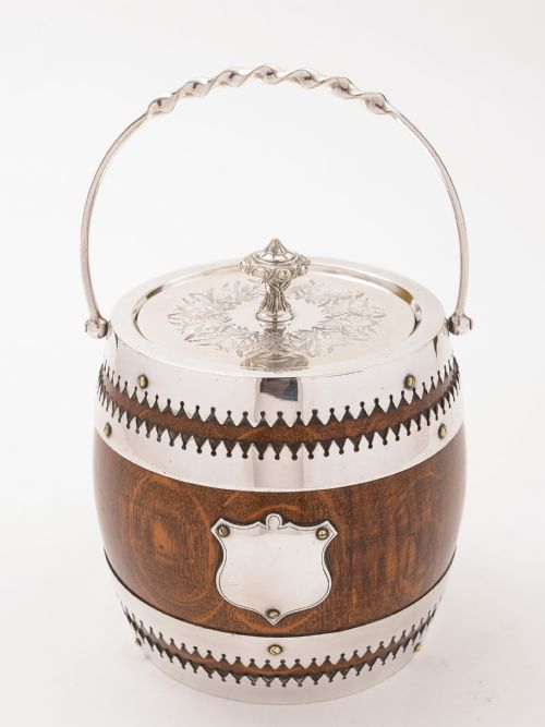 Victorian Oak and Silver Plated Biscuit Barrel Circa 1890