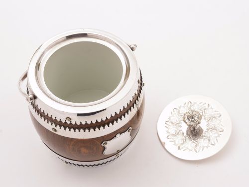Victorian Oak and Silver Plated Biscuit Barrel Circa 1890