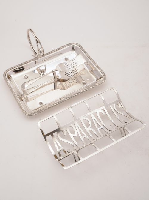 Edwardian Silver Plated Asparagus Dish With Tongs Circa 1905