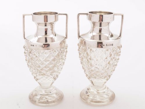Pair of Cut Glass Silver Topped Vases Birmingham 1900