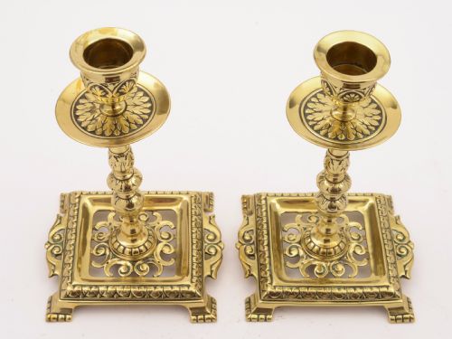 Pair of Victorian Brass Tray Based Candlesticks Circa 1890