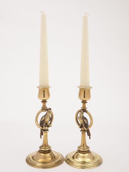 Pair of French Brass Parrot Candlesticks Circa 1900